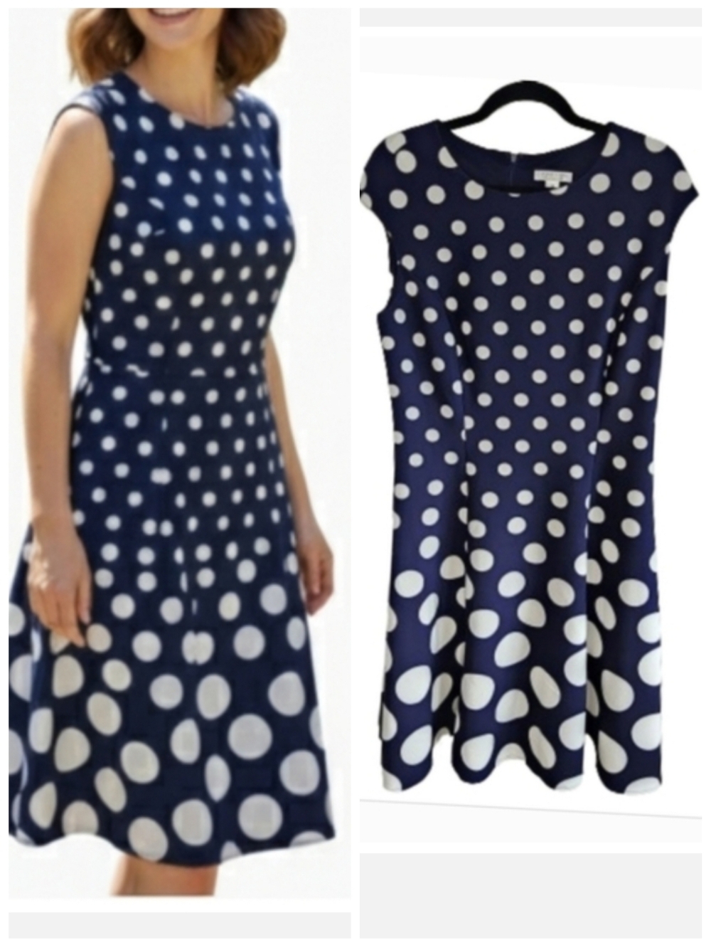 London Style Collection Navy Blue & White polka-dot dress women's plus size 14